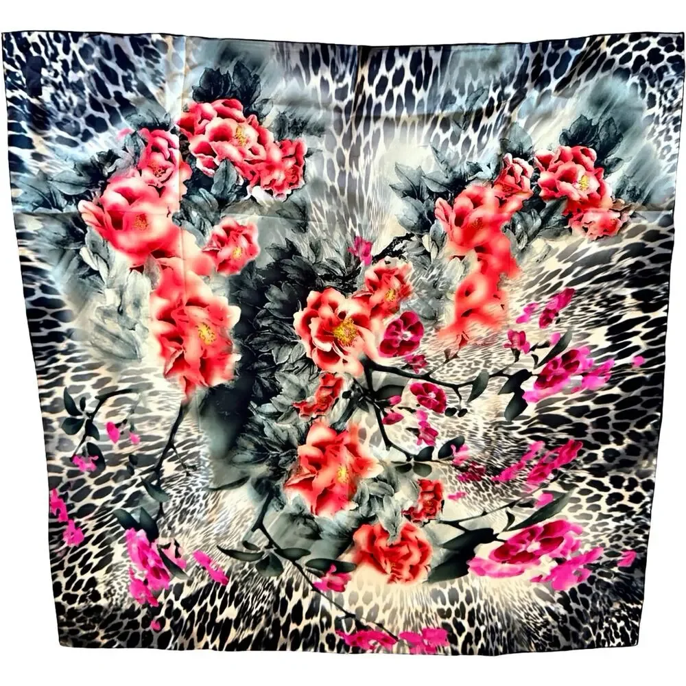 INAINI Silk Scarf Leopard Print Coral Rose Floral Square 35x35